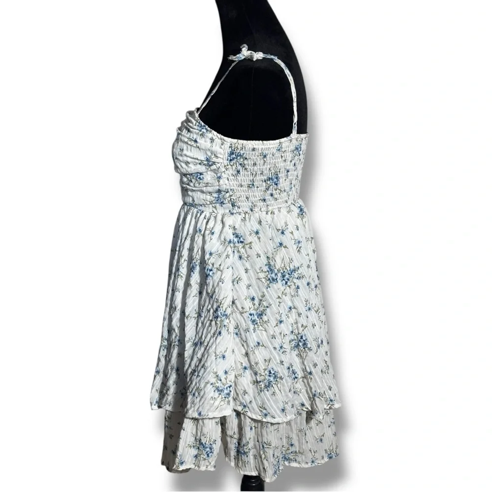 Unbranded White and Blue Floral Layered Tie Straps Empire Waist Babydoll Dress